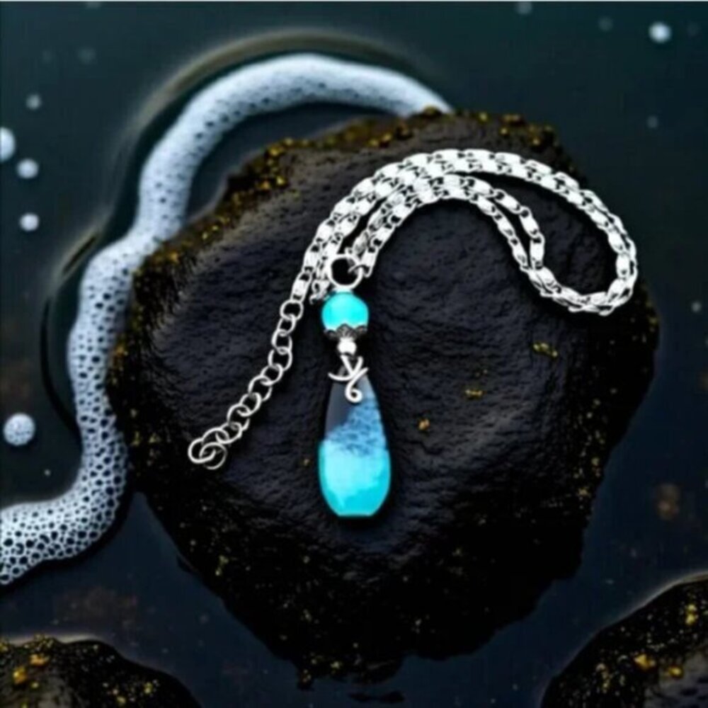 Seafoam Aqua + Black Agate Teardrop Pendant • Boho Beachy Ocean Chic
